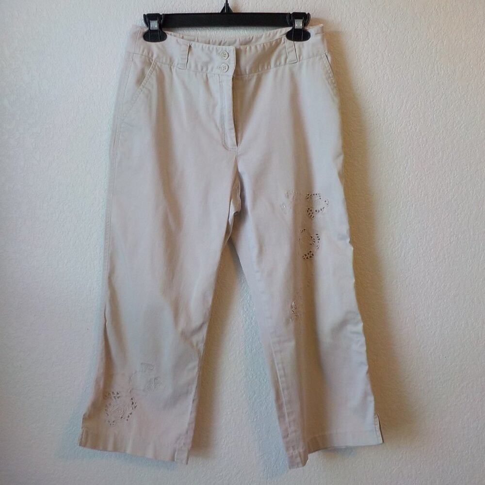 Vintage Dina K Beige Capri Pants Women size  8 Floral Embroidery Boho Festival